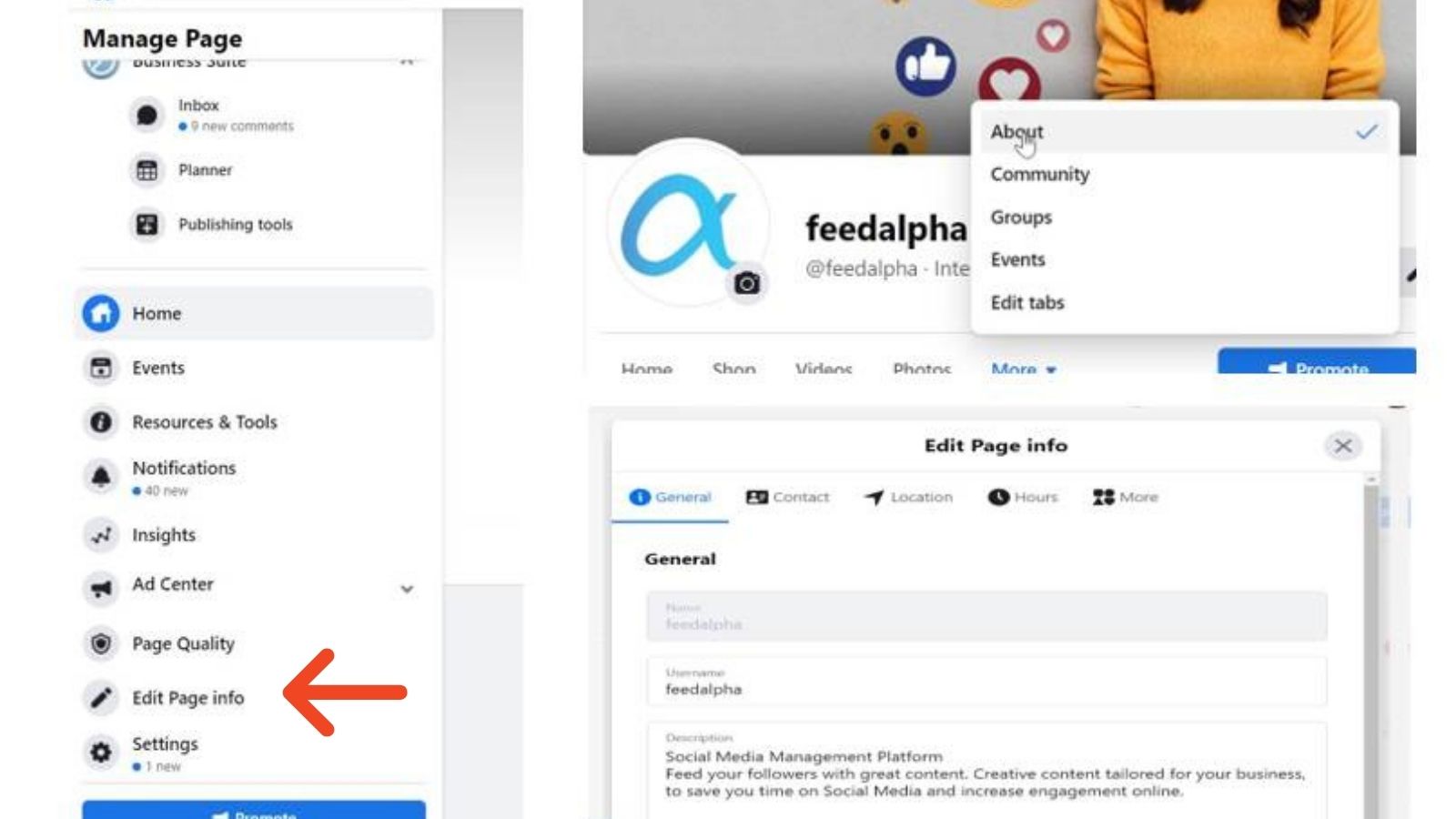 feedalpha how to edit a FB business page