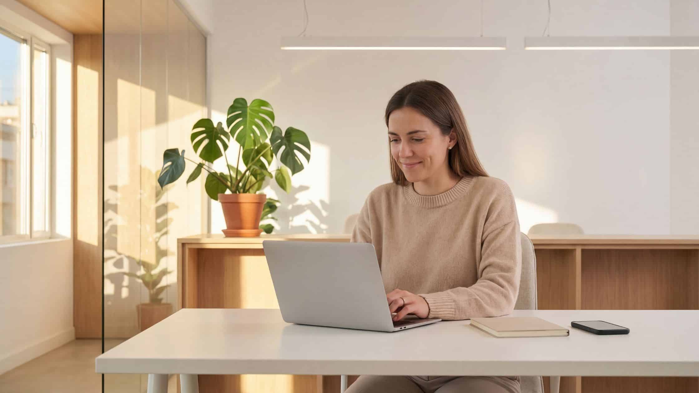 A woman sitting at a home office on a laptop updating her Facebook business page