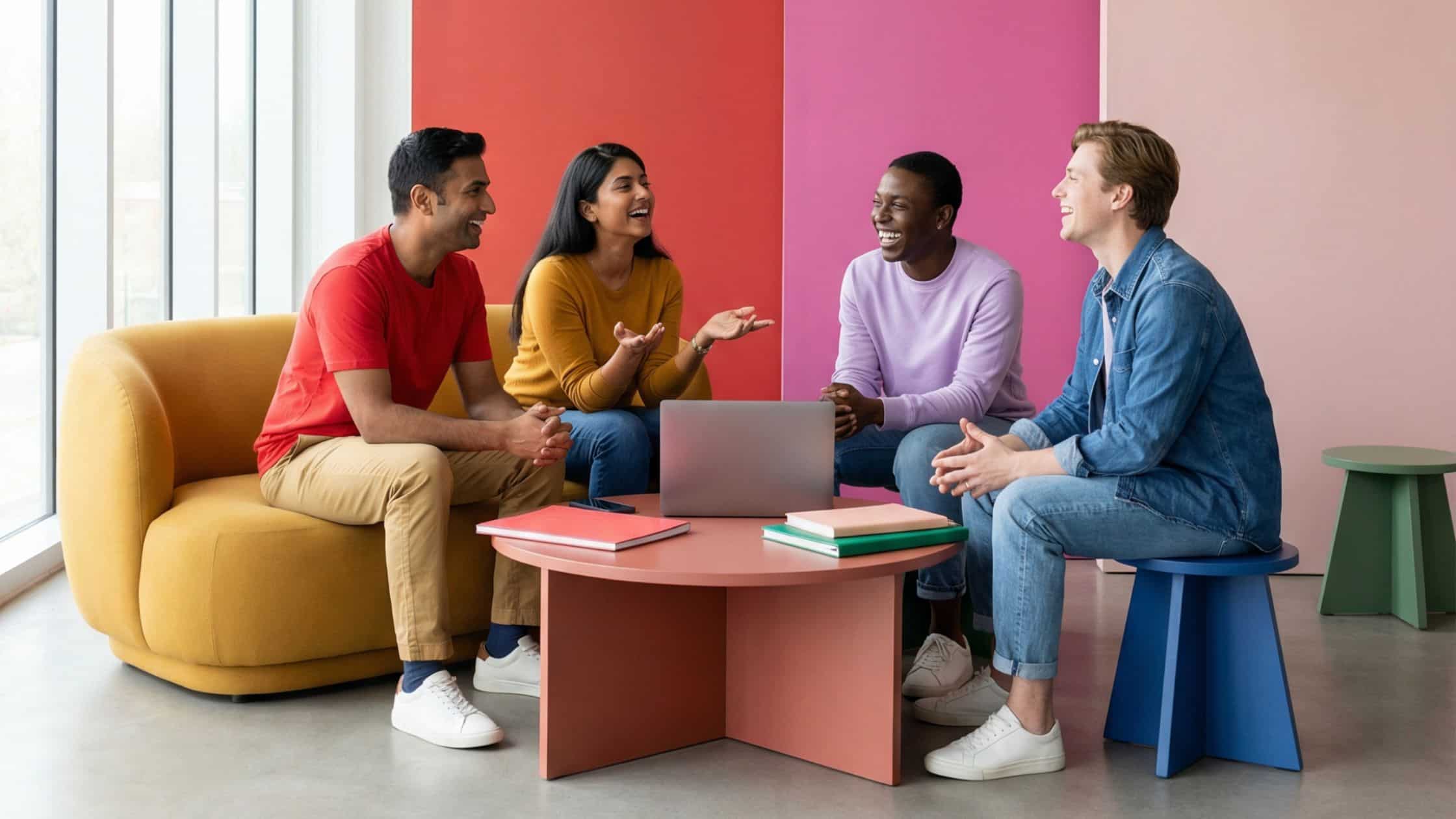 4 people sitting around in a colourful lobby talking about Facebook Page Roles