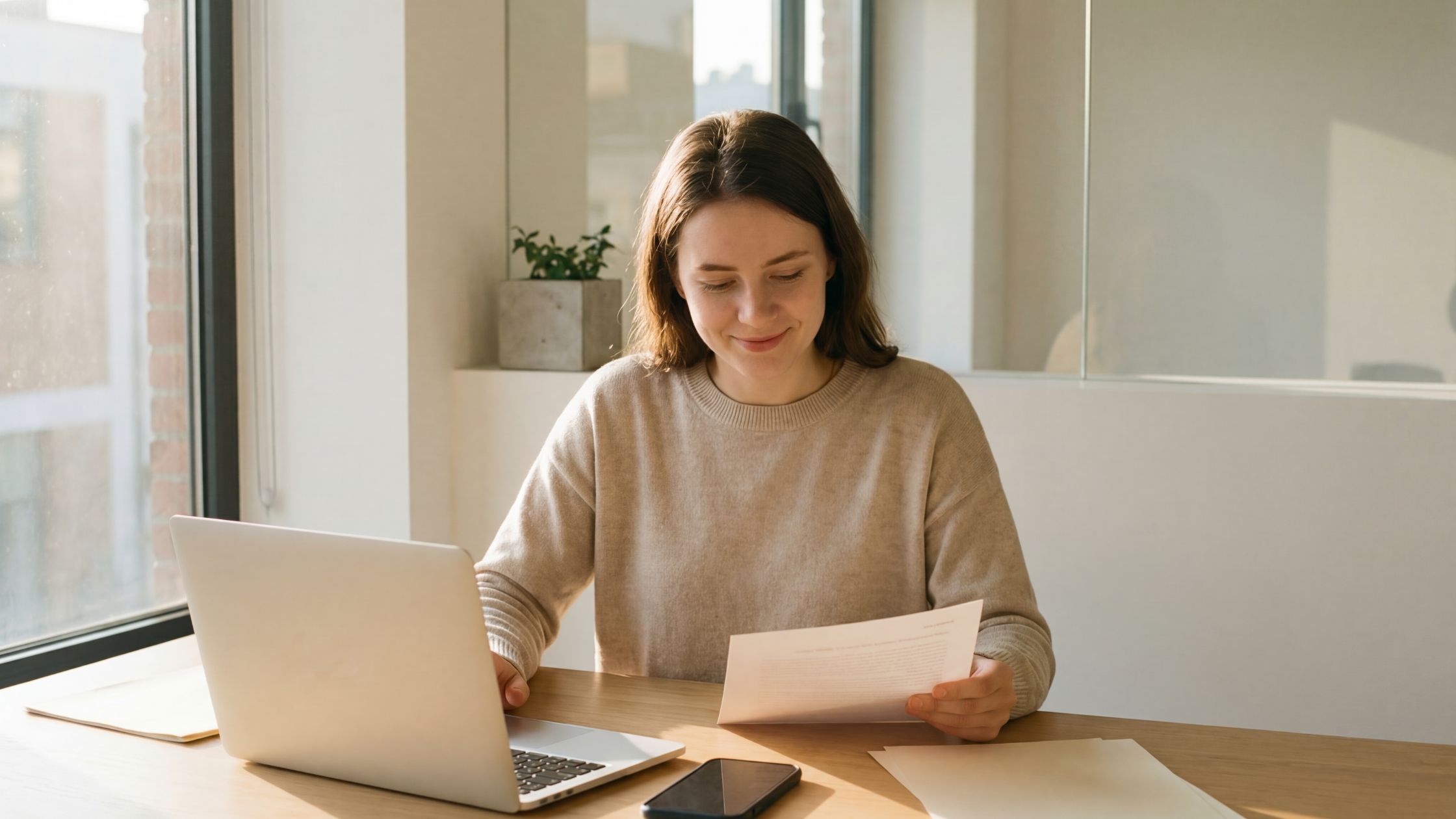 Woman sitting in an office looking at a piece of paper and has a laptop
